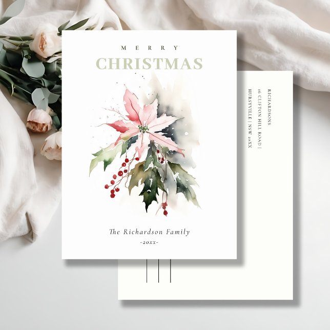 Postal Festiva Navidades Poinsettia Berries Foliage Watercolor (Subido por el creador)