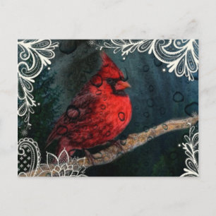 Postal Festiva Navidades Primitarios de encaje blanco Cardenal ro