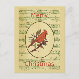 Postal Festiva Navidades Red Bird Cardinal Green Music