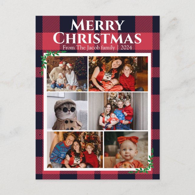 Postal Festiva Navidades Red Buffalo Plaid de vacaciones Foto mod (Anverso)