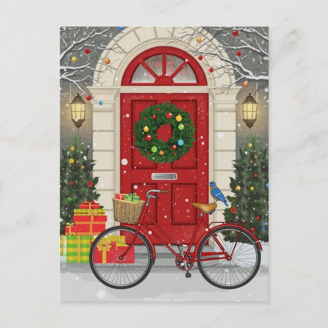 Postal Festiva Navidades Red Door Bicicleta Festividad Regalos (Anverso)