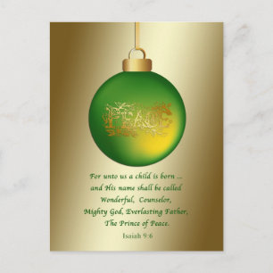 Postal Festiva Navidades, religión, ornamento de paz sobre el oro