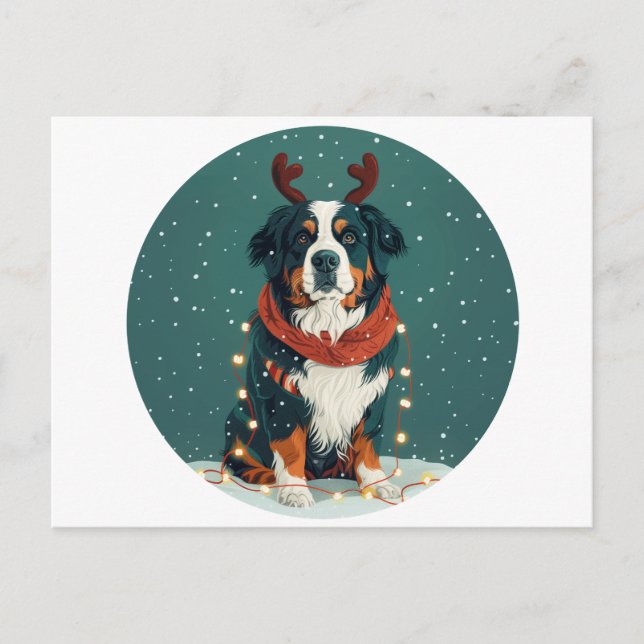 Postal Festiva Navidades reno Perro de montaña Bernese (Anverso)