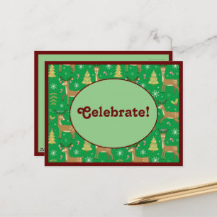 Postal Festiva Navidades Renos Jugando Bajo Los Árboles De Navida