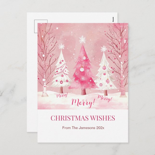 Postal Festiva Navidades Retro Blanco Rosa (Anverso / Reverso)