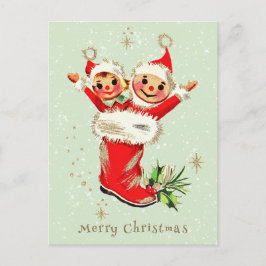 Postal Festiva Navidades retro de cosecha corta Elves Sage Green