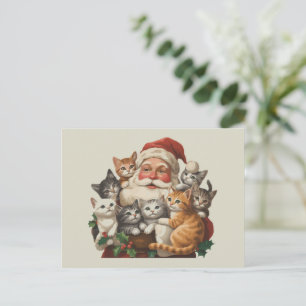 Postal Festiva Navidades Retro Santa Claus & Kittens Invierno 90