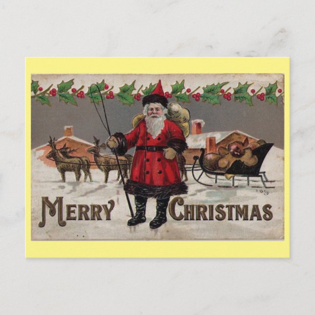 Postal Festiva Navidades Retro Santa y reno Sleigh (Anverso)