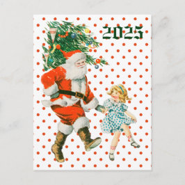 Postal Festiva Navidades Retro Vintage de Santa y Chica