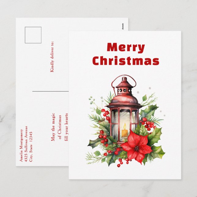 Postal Festiva Navidades rojos Lantern Poinsettia y Pine (Anverso / Reverso)