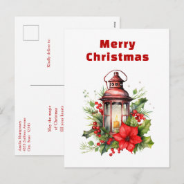 Postal Festiva Navidades rojos Lantern Poinsettia y Pine