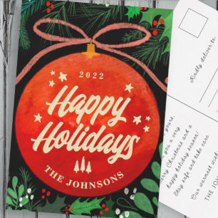 Postal Festiva Navidades Rojos Modernos Ball Ornamento Botánico