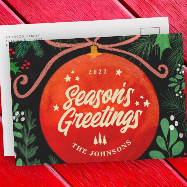 Postal Festiva Navidades Rojos Modernos Ball Ornamento Botánico (Subido por el creador)