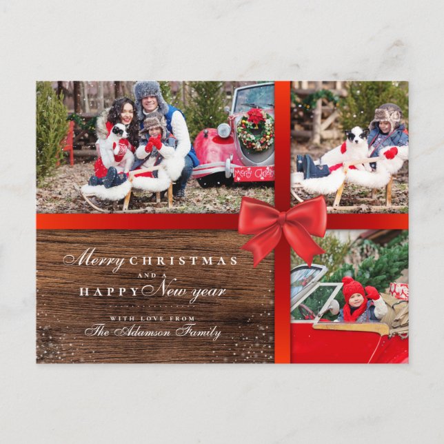 Postal Festiva Navidades rojos se doblan y maderan | Collage de f (Anverso)