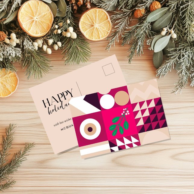 Postal Festiva Navidades rosados geométricos de Rubor rojo de Bor (Burgundy Pink Geometric Christmas Post Card)