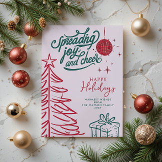 Postal Festiva Navidades rosados rojos de dibujos de mano