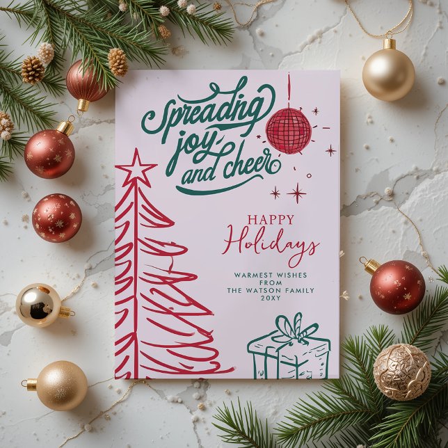Postal Festiva Navidades rosados rojos de dibujos de mano (Hand Drawn Doodle Red Green Pink Christmas Holiday Card)