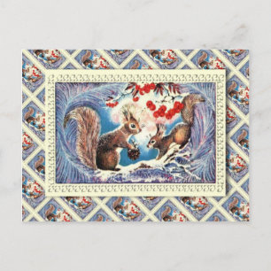 Postal Festiva Navidades rusos de época, ardillas en casa