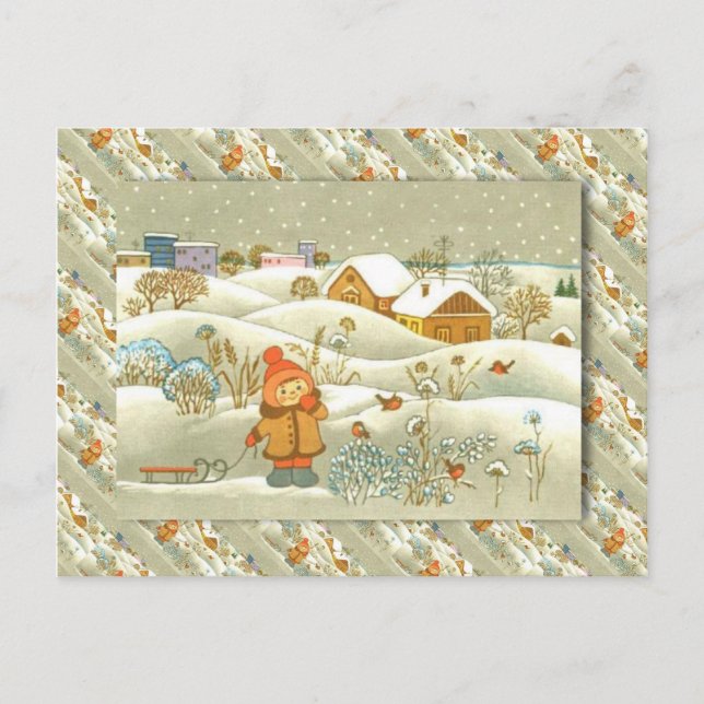 Postal Festiva Navidades rusos de época, Chica con trineo (Anverso)