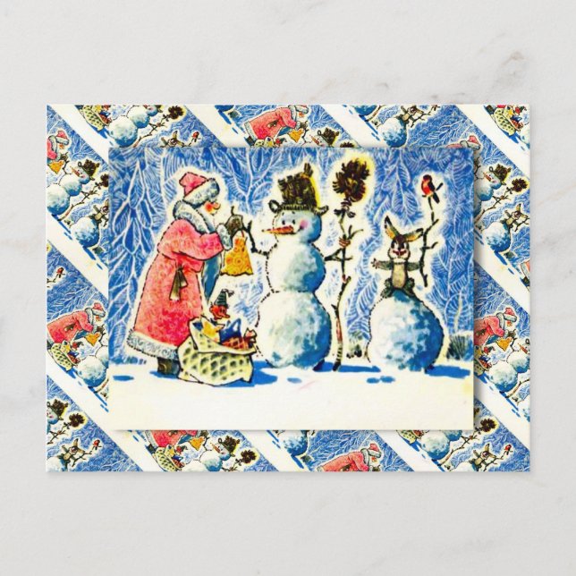 Postal Festiva Navidades rusos de época, hombre de nieve, Santa (Anverso)