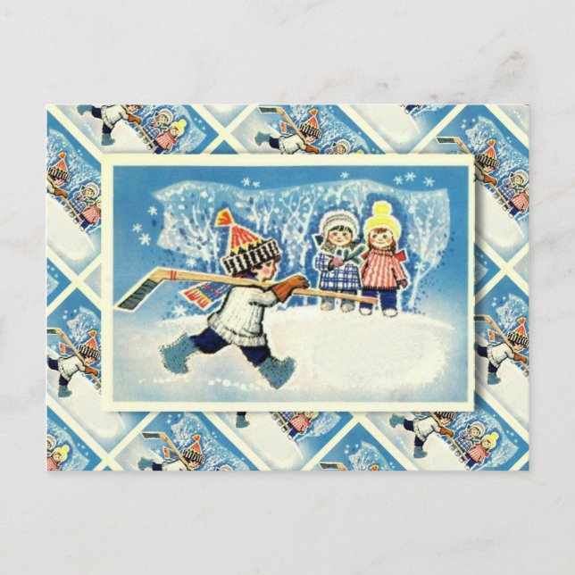 Postal Festiva Navidades rusos de época, jugador de hockey sobre  (Anverso)