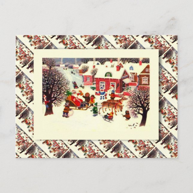Postal Festiva Navidades rusos de época, Santa y niños (Anverso)