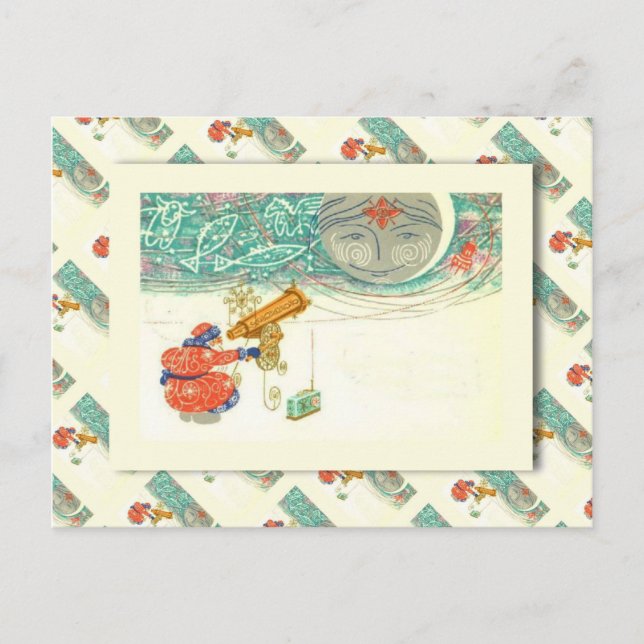 Postal Festiva Navidades rusos de época, Santa y telescopio (Anverso)