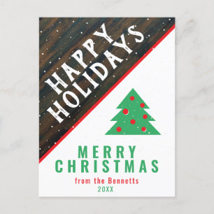 Postal Festiva Navidades Rustic Wood Christmas Tree Red Name