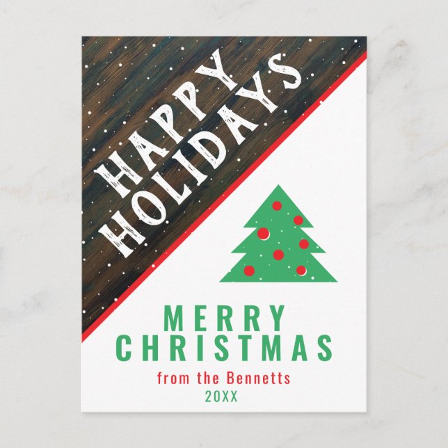 Postal Festiva Navidades Rustic Wood Christmas Tree Red Name (Anverso)