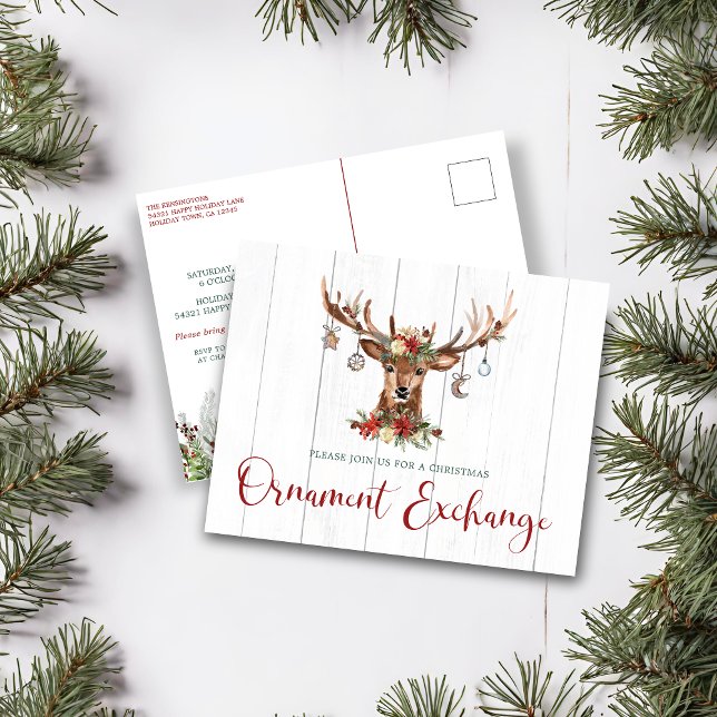 Postal Festiva Navidades Rústicos Floral Antlers Intercambio de O (Rustic Christmas Floral Antlers Ornament Exchange Holiday Postcard)