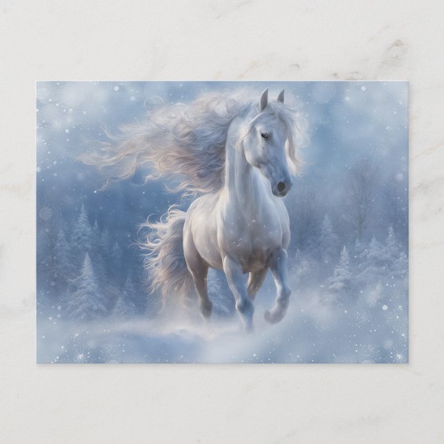 Postal Festiva Navidades saludan con caballos en nieve por tempor (Anverso)