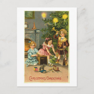 Postal Festiva Navidades saludando a niños, árboles, juguetes