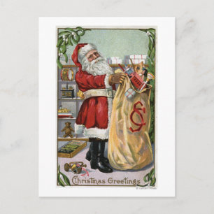 Postal Festiva Navidades saludando a Santa con un gran saco