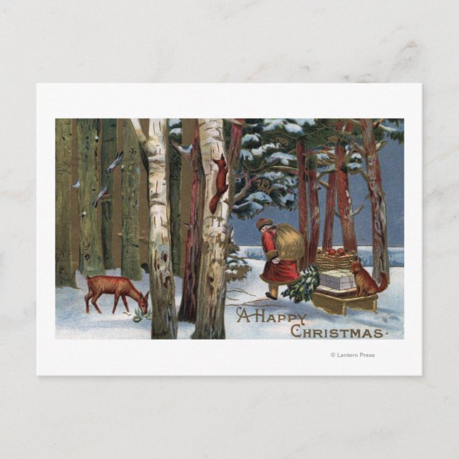 Postal Festiva Navidades saludando a Santa por los bosques (Anverso)