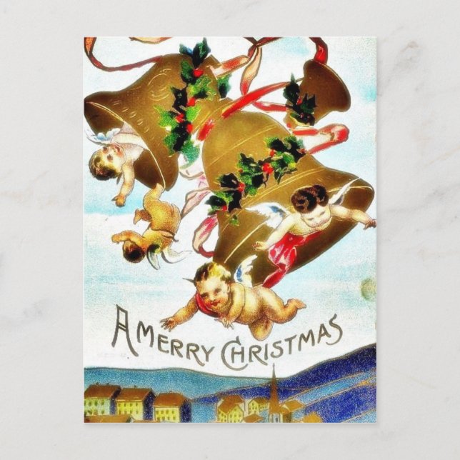 Postal Festiva Navidades saludando con dos ángeles abrazando (Anverso)