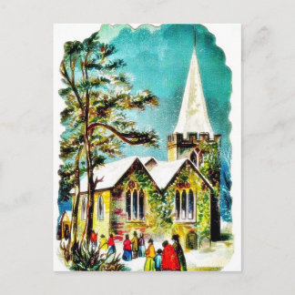 Postal Festiva Navidades saludando con gente yendo a la iglesia