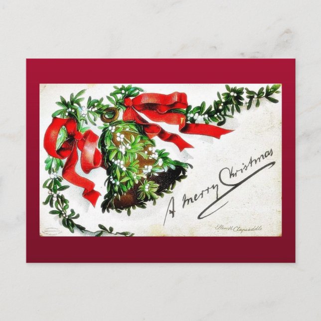 Postal Festiva Navidades saludando con timbre con cintas (Anverso)