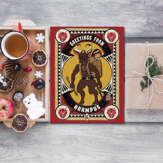 Postal Festiva Navidades saludando del Rótulo Krampus llevando ju (What kind of gifts can you expect from Krampus this Christmas?)