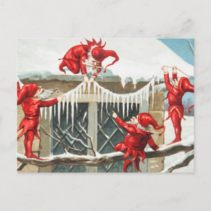 Postal Festiva Navidades Santa Elves decorando su casa
