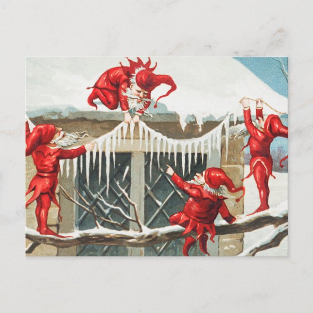 Postal Festiva Navidades Santa Elves decorando su casa (Anverso)