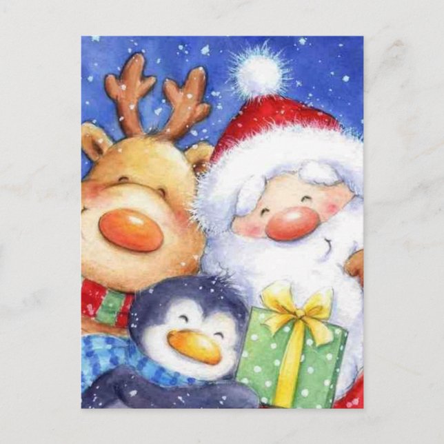 Postal Festiva Navidades Santa Reindeer y Pingüino (Anverso)