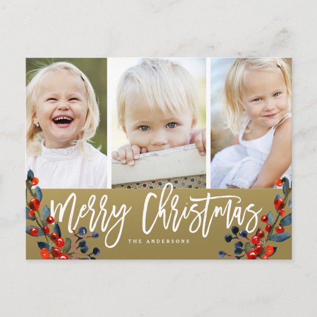 Postal Festiva Navidades Script Berries 3 Photo Holiday (Anverso)
