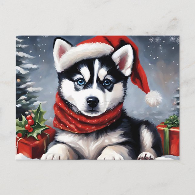 Postal Festiva Navidades Siberian Husky Puppy usando Santa Hat (Anverso)