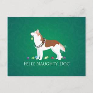 Postal Festiva Navidades siberianos Husky Feliz Naughty Dog