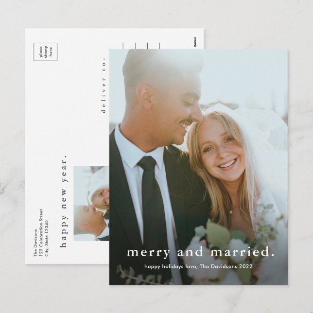 Postal Festiva Navidades simples de fotos merry y casados (Anverso / Reverso)