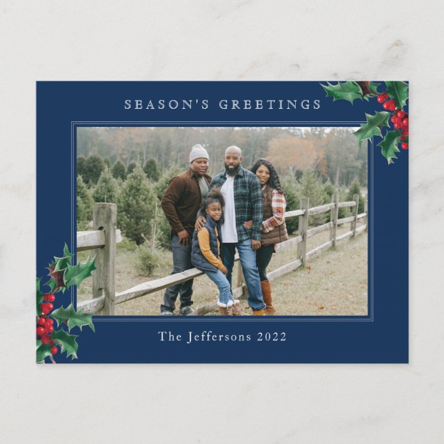 Postal Festiva Navidades simples Holly Berry Personalizado Photo  (Anverso)