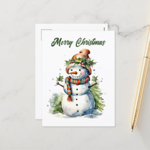Postal Festiva Navidades snowman añaden acuarela de texto Holiday