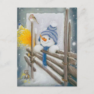 Postal Festiva Navidades Snowman mirando a Bird