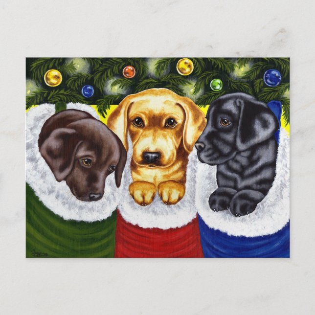 Postal Festiva Navidades sorprenden a los cachorros de Labrador (Anverso)