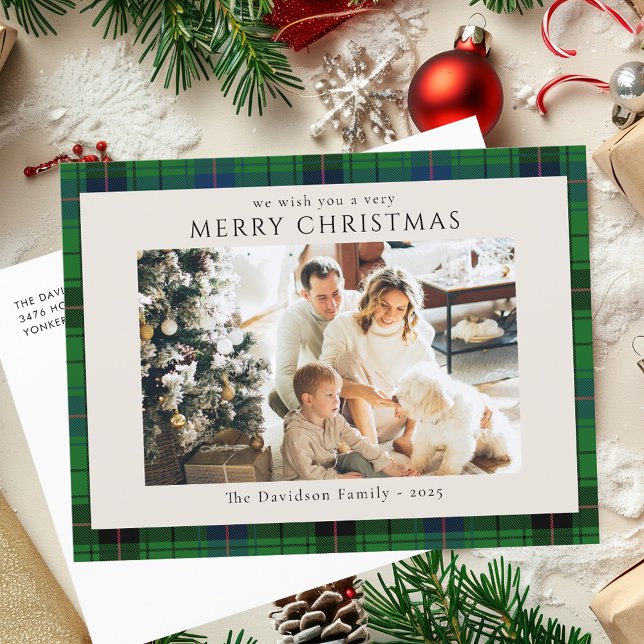 Postal Festiva Navidades Tartán, Personalizado de fotografía de l (Rustic Plaid Family Photo Custom Tartan Christmas Holiday Postcard)